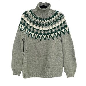 HANDMADE Chunky Knit Fair Isle Sweater Green Cream L